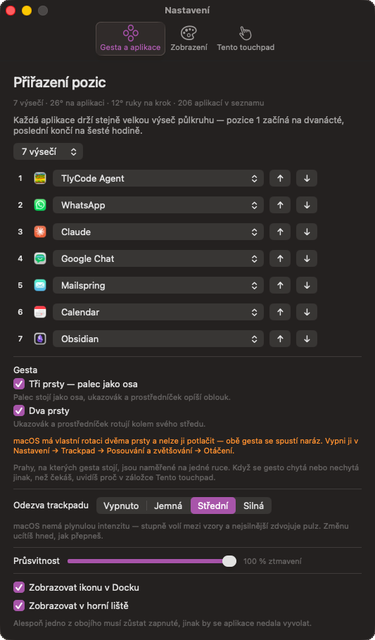 The Gestures and apps tab: seven positions with assigned apps, gesture checkboxes and trackpad feedback